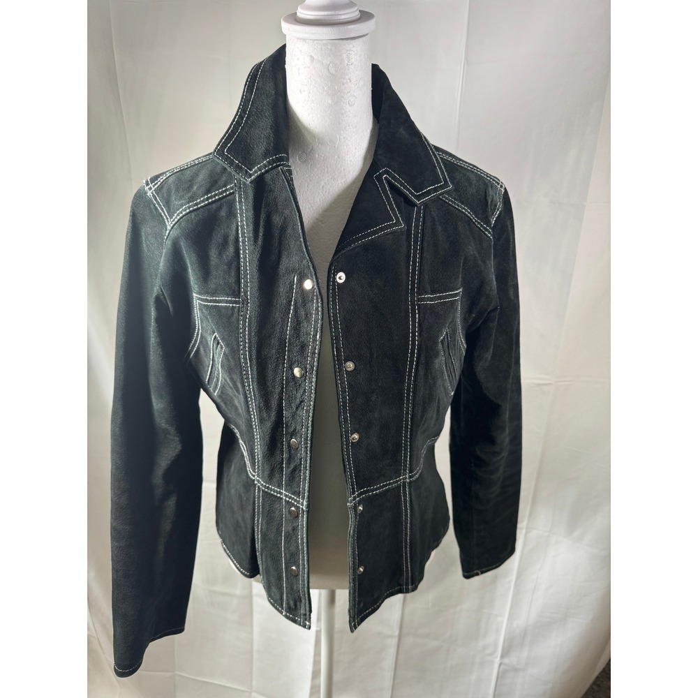 Wilsons Leather Black‎ Suede Jacket Women's S Contrast Stitch Snap
